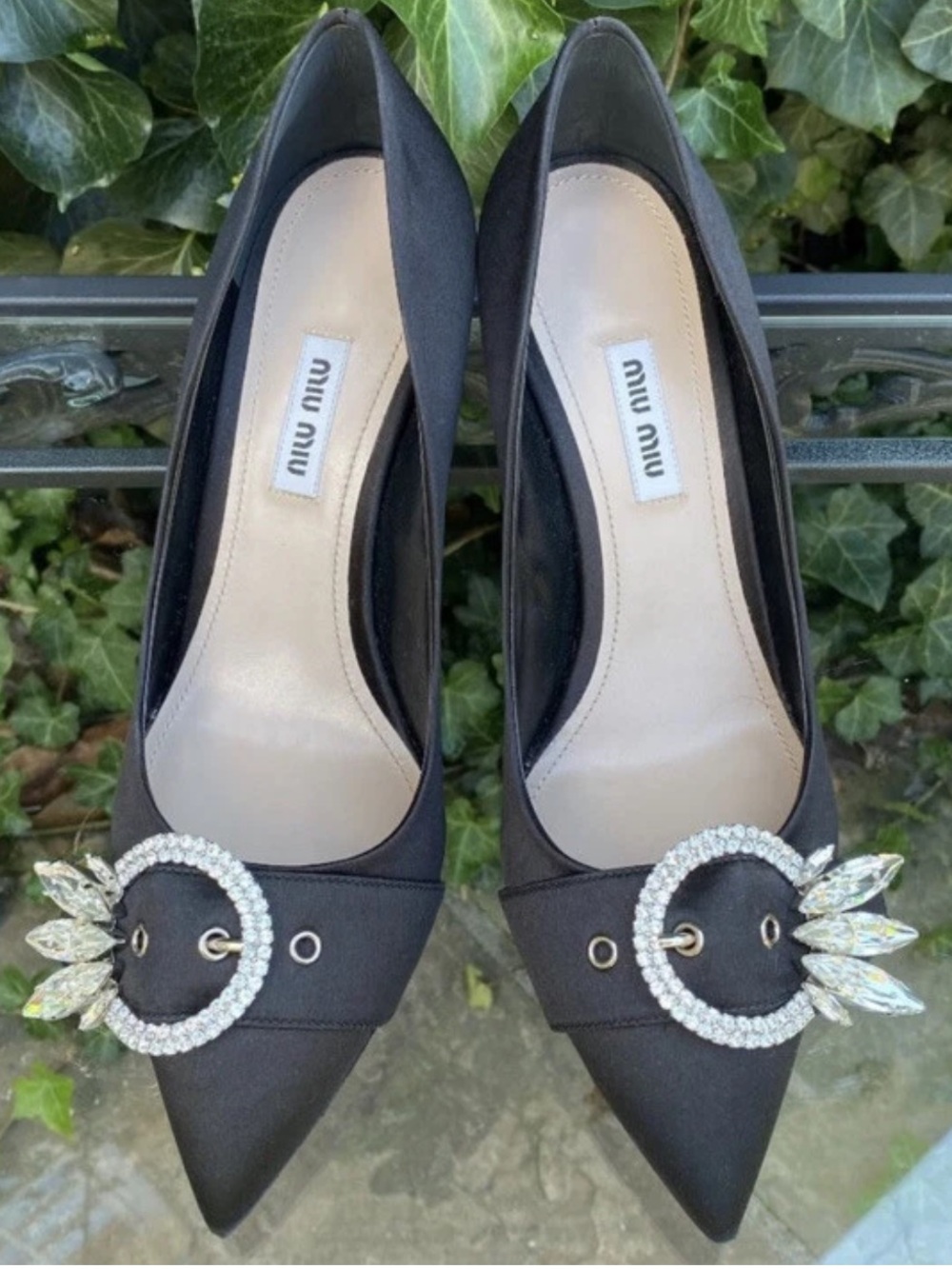 Miu Miu Black Satin Pointed Pumps with Crystal Circle Buckle